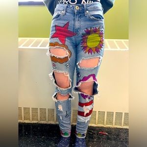 Custom acrylic paint doodle art ripped jeans